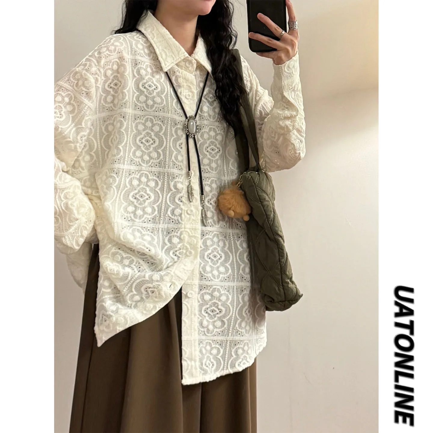 

UATONLINE2026 Весенняя женская свободная повседневная длинная рубашка в японском ретро-стиле с кружевом, однотонная, свободного кроя, нейтральный стиль