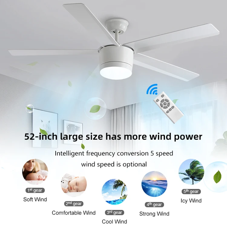 LED Large  Remote Control Fan Lamp Five ABS Blades 5 Speeds Adjustable 52inch Led Electric Ceiling Fans with Light