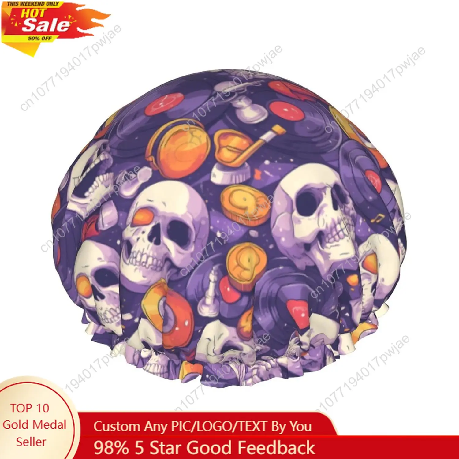 

Hair Cap for Shower - music Skull record Double Layer Shower Reusable Waterproof Large Shower Cap for Women