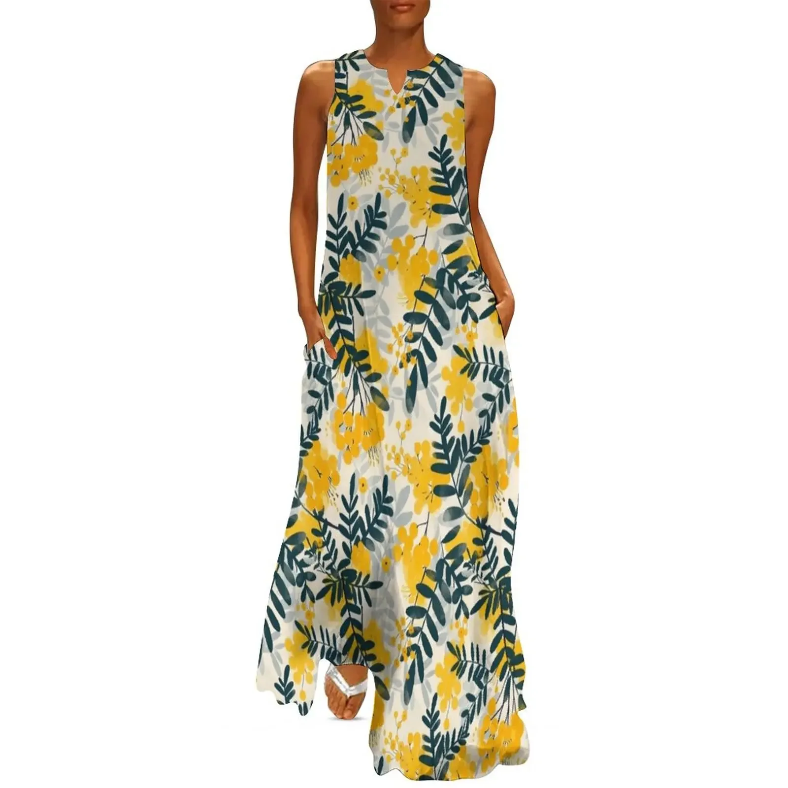 

Mimosa Flowers Pattern Long Dress dresses summer elegant guest wedding dress women's dresses luxury Long dress