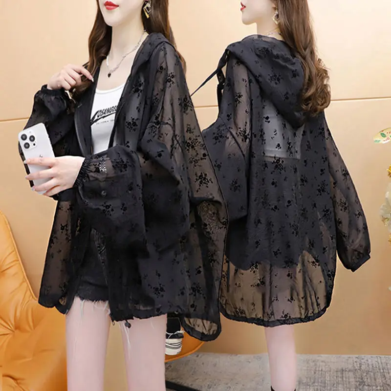 Sunscreen Clothing Light Thin Breathable Female Summer Ultraviolet-proof Hooded Cardigan Coat Loose Fitting Breathable Printing