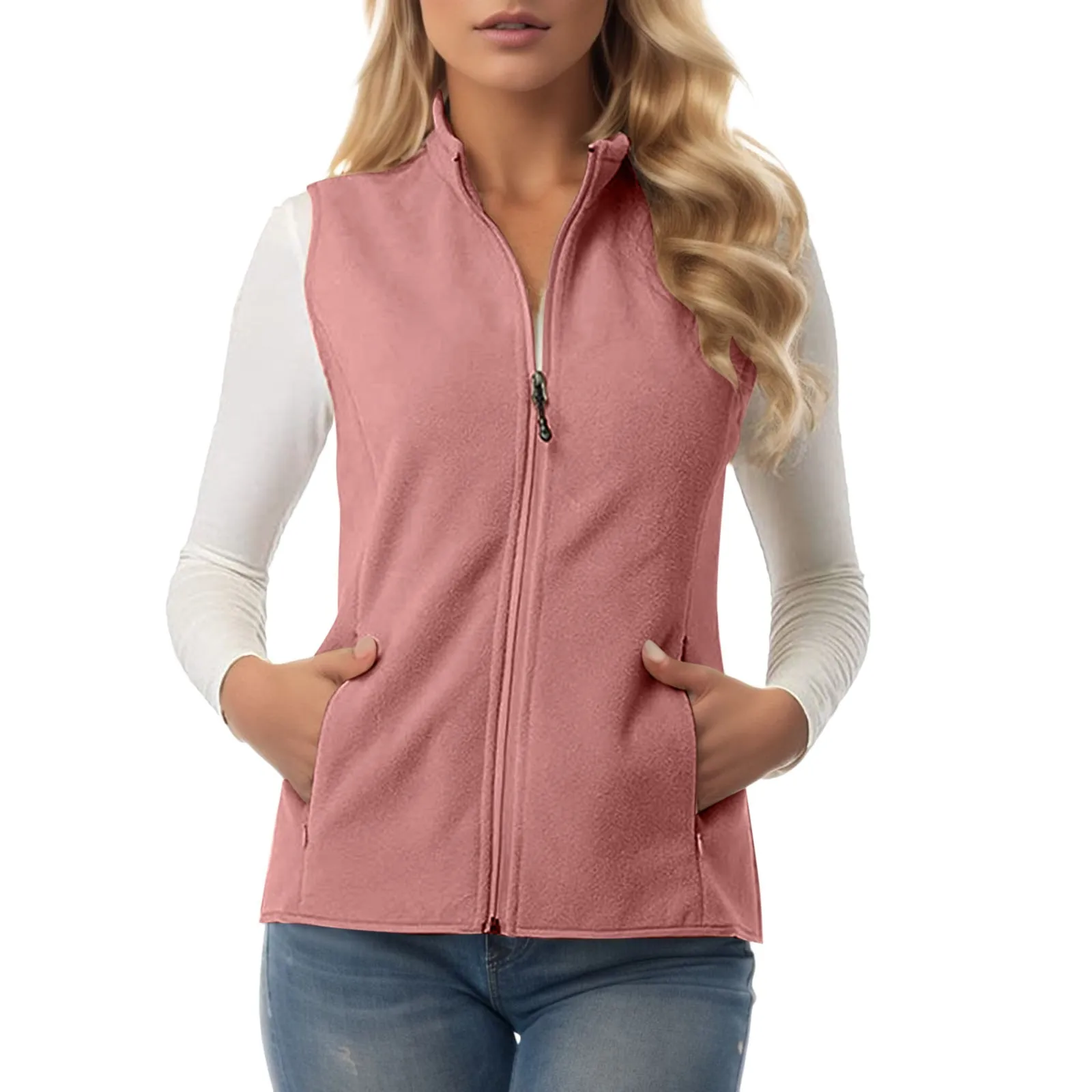 Chaleco con cremallera para mujer, chaqueta sin mangas de terciopelo grueso con cuello levantado, a la moda, para exteriores, Invierno