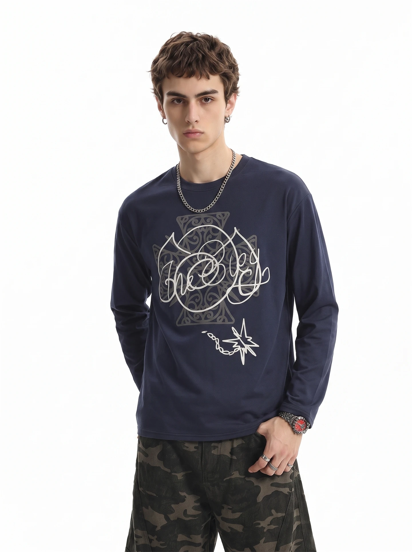 American High Street Cross Print Long Sleeve T-Shirt Men's Autumn Street Light Vintage Loose Top Quality Material round Neck