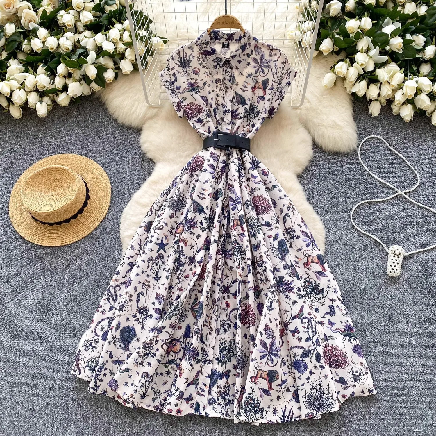 Elegantes Midikleid mit Blumenmuster für Damen, Umlegekragen, kurze Ärmel, sommerliches, schickes französisches Prinzessinnen-Hemdkleid mit Gürtel