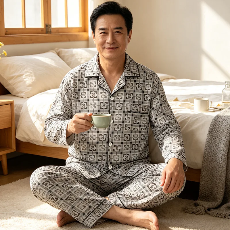 Cotton-like Long-sleeved Men's Pajama Set for Autumn and Winter, New Style, High-end Printed Flowered Shirt, Home Wear Set