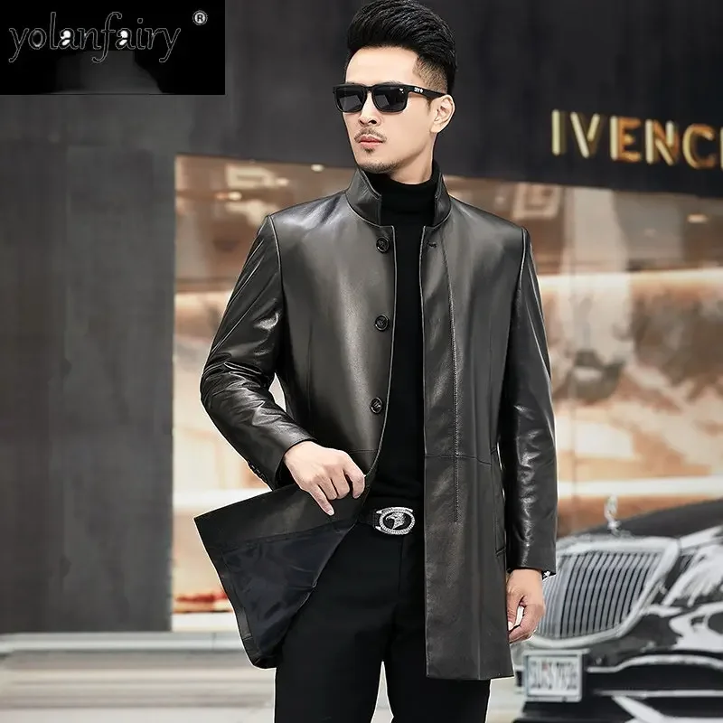 

Genuine Leather Coat Men Clothing Spring Autumn Fashion Sheepskin Natural Leather Jacket Stand Collar Medium Long Korean Style F