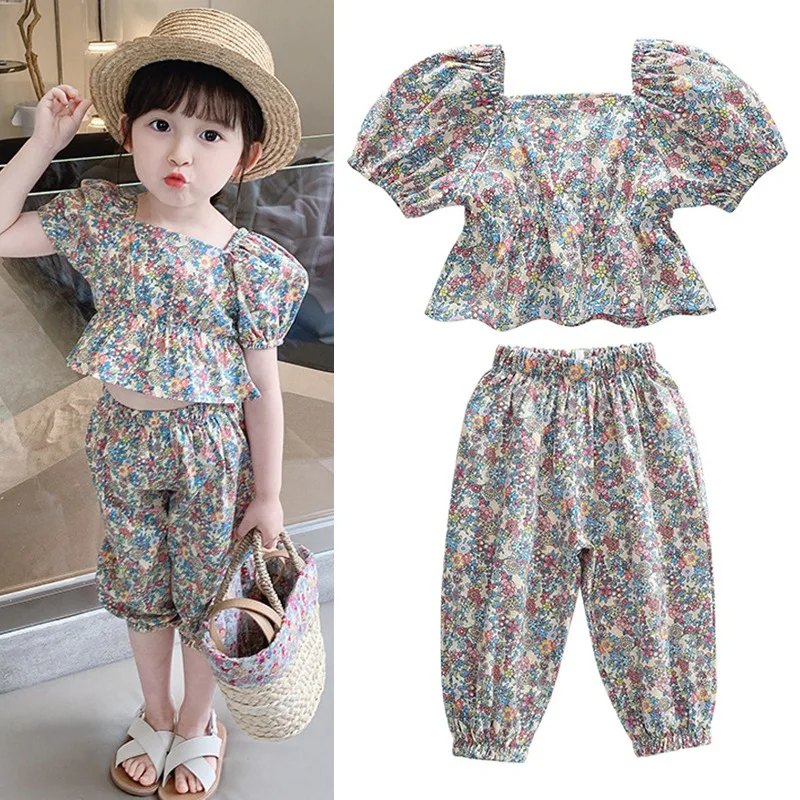 Kids Girls Casual Summer Clothing Sets Outfits for Girls Toddler Floral Print Puff Sleeve Tops+Pant Fashion Children Clothes