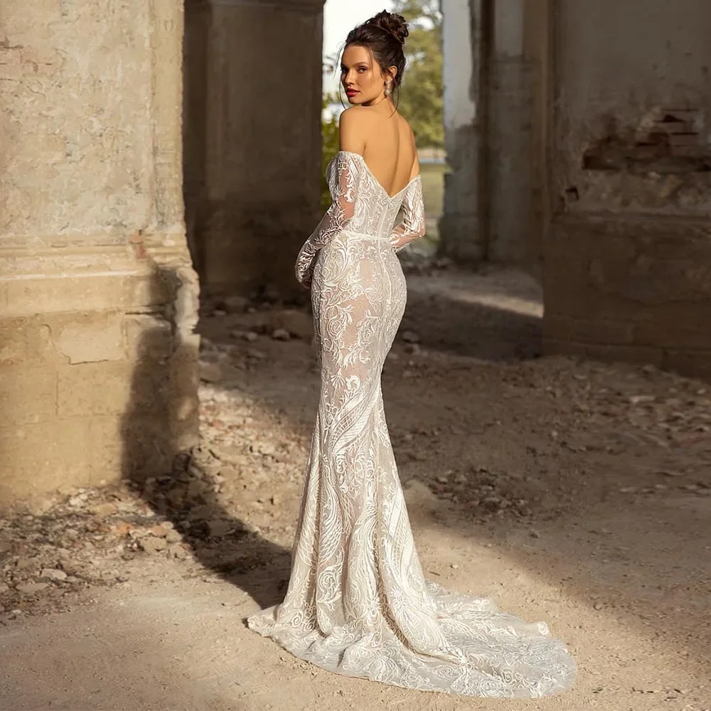 Customized Off-The-Shoulder Strapless Ivory Wedding Dresses Floor-Length Full Sleeve Sheath with Applique Backless Court Train