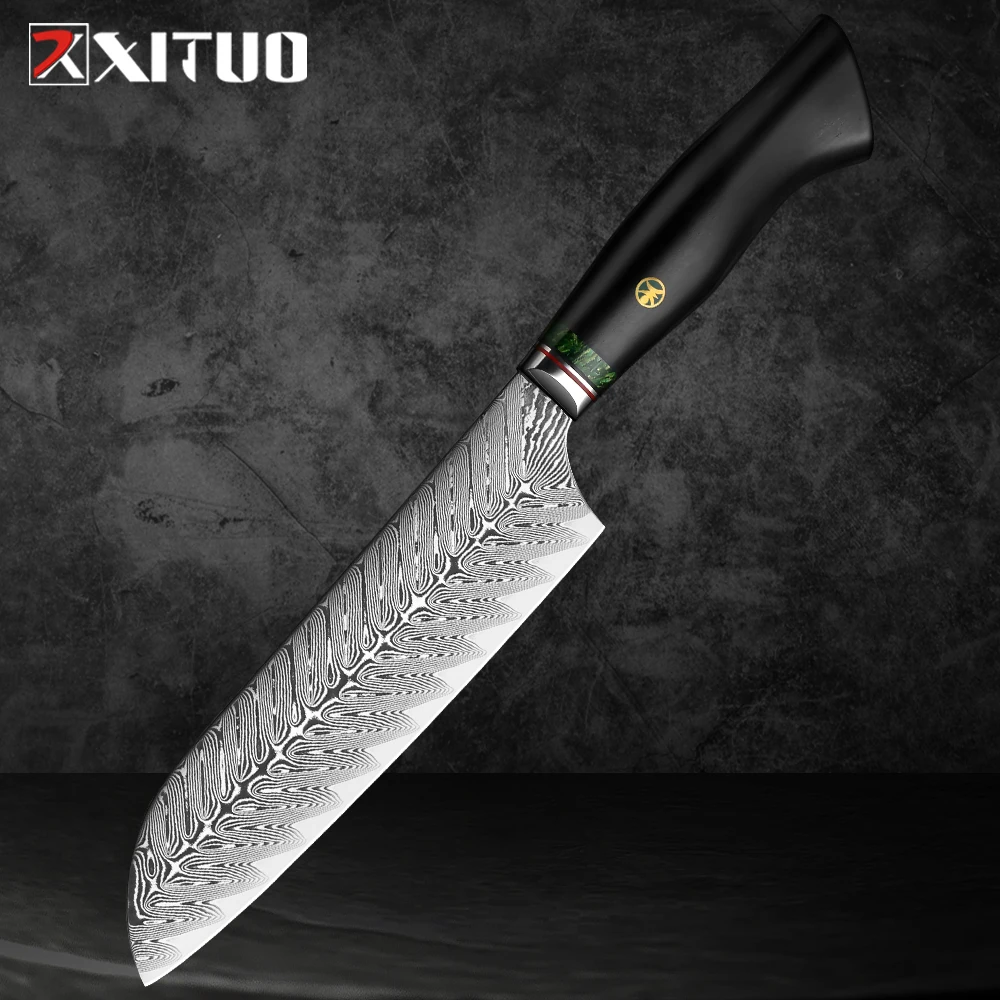 XITUO 7 Inch Damascus Steel Santoku Knife Cutting Vegetable Professional Kitchen Japanese Knives High Quality Black Ebony Handle