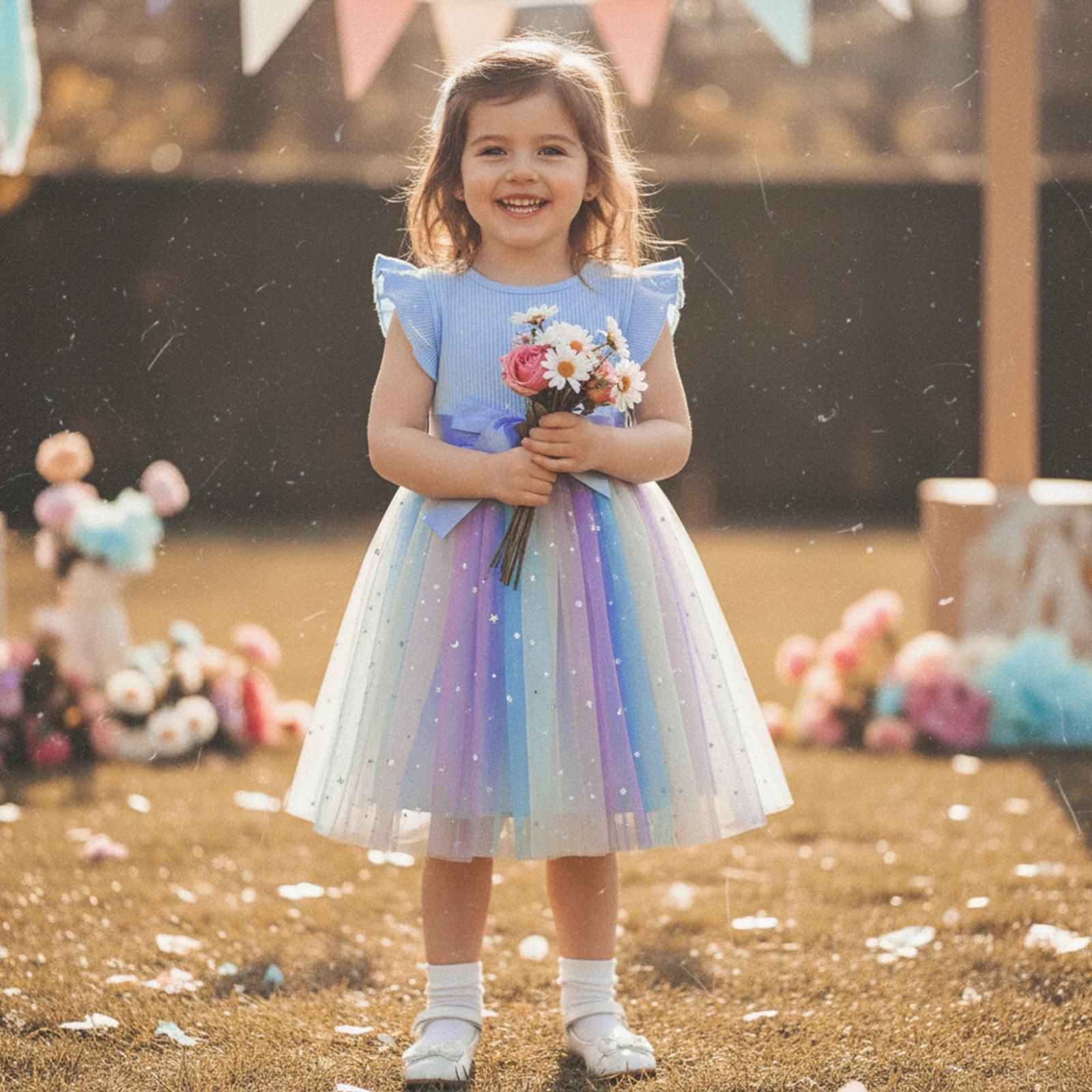 1-5Y Toddler Kids Girls Sequin Tulle Mesh Lace Dress Fashionable Cute Gradient Fly Sleeve Princess Dress with Belt