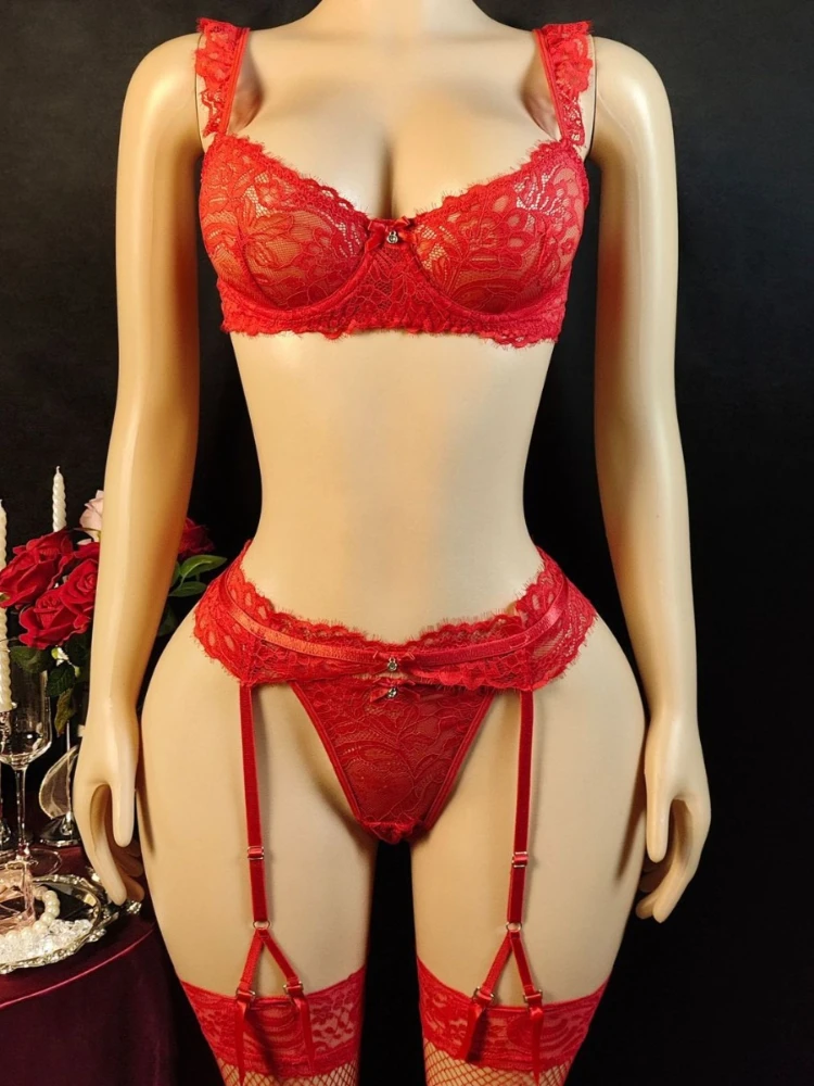 SsTss المرأة الأحمر 3 قطعة الدانتيل مجموعة الملابس الداخلية رفع البرازيلي واللباس الداخلي الرباط حزام المثيرة الملابس الداخلية مثير الملابس الحميمة ملابس النوم
