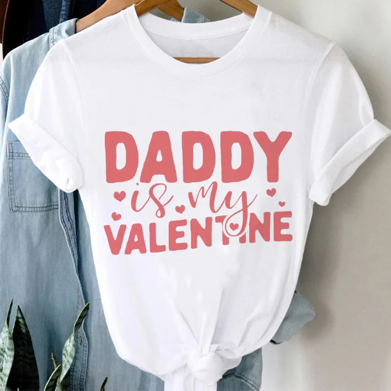 Letter Print Casual Women's Sweet Valentine's Day Short Sleeved 90s Cartoon Top O-Neck Clothing T-Shirt Pattern Trendy T-Shirt