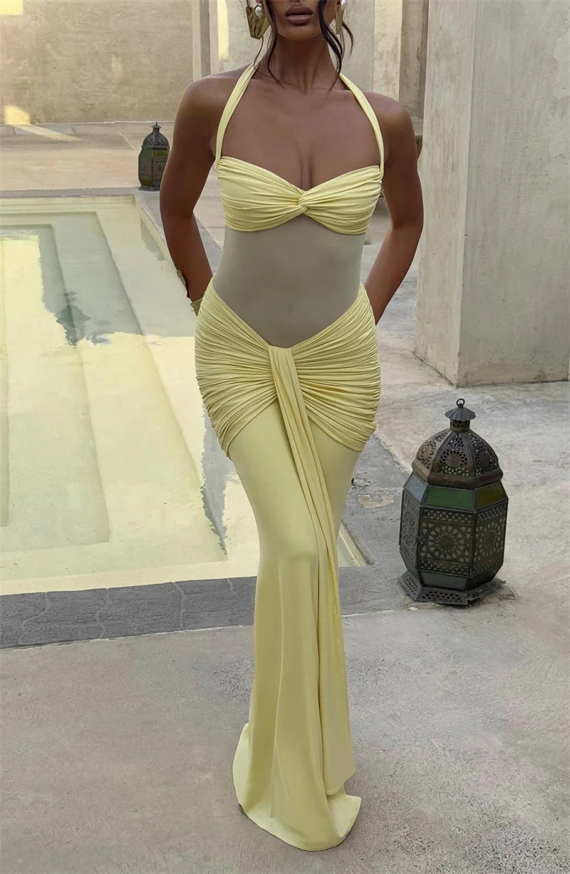 Mozision Halter-Backless Sexy Maxi Kleid Frauen Mode Patchwork Off-schulter Ärmellose Geraffte Drapierte Bodycon Club Party Kleid – Detail 11