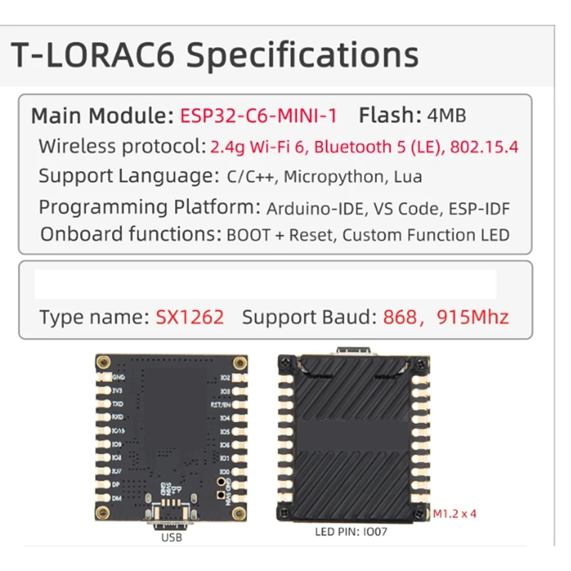 T-Lorac6 Основный ESP32-C6 Модуль Lora SX1262 Lorawan Плата разработки малой мощности дальнего действия Отверстия для штампов Печатная плата