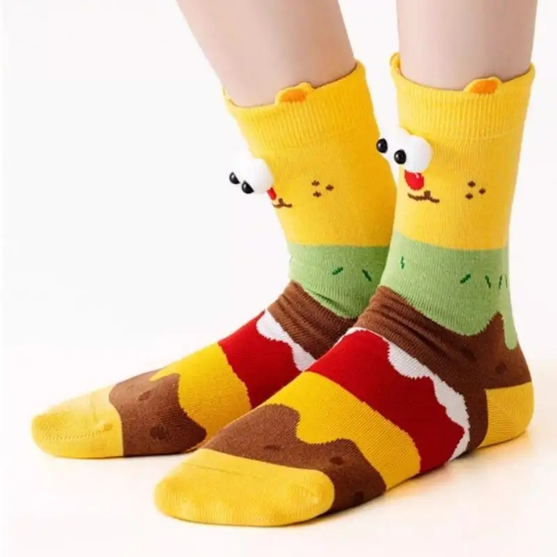 Cute Cartoon Funny Crew Socks for Women Fast‑Food Hamburger French Fries Novelty Casual Cotton Socks 5 Pairs Mixed Design