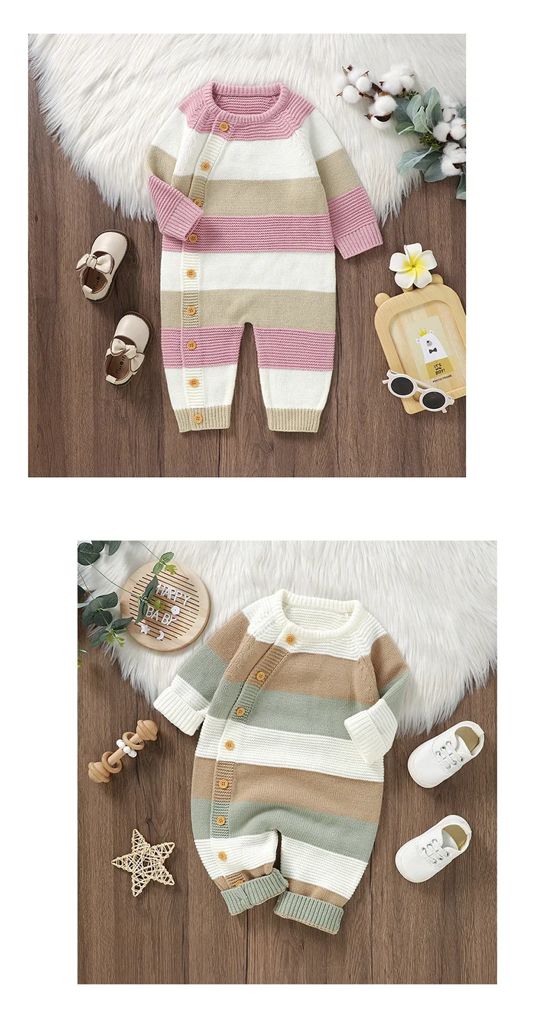 New Baby Boy Girl Knitted Striped One-Piece Romper Single-Breasted Jumpsuit Autumn Winter Stuff Clothes Bodysuits New Born Items