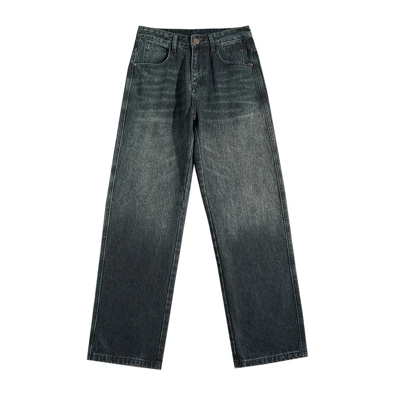 

Four Seasons New Men's American Vintage Casual Loose Washed Straight Jeans Pants Dark Blue Solid Wide Leg Denim Trousers Male