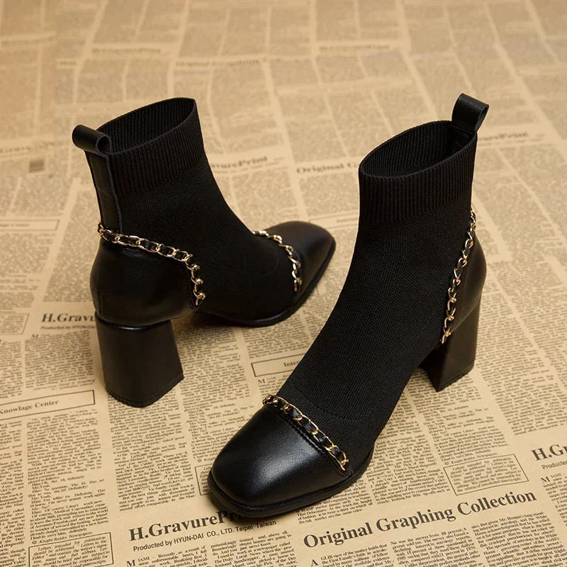 

Autumn Winter Women Knit Ankle Boots Fashion Slip on Slimming Short Booties Female Thick Heel Shoes Platform Boots