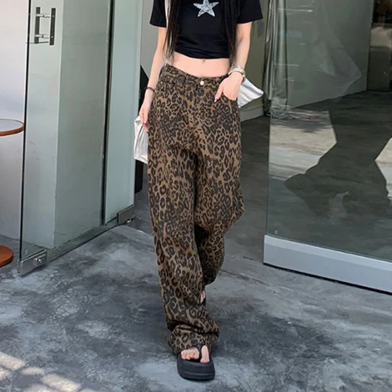 

2026 Female Leopard Printed Baggy Thin Jeans Lady Retro Fashion Wide Leg Pants Girls High Waist Leisure Denim Trousers