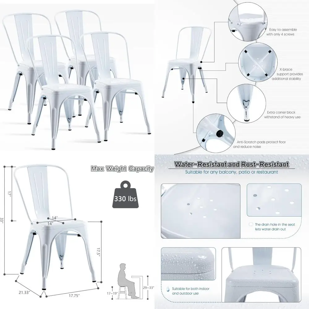 

Metal 18 Inch Stackable Dining Chairs, Rustproof Outdoor Patio Furniture, Set of 4 for Restaurant and Dining Rooms
