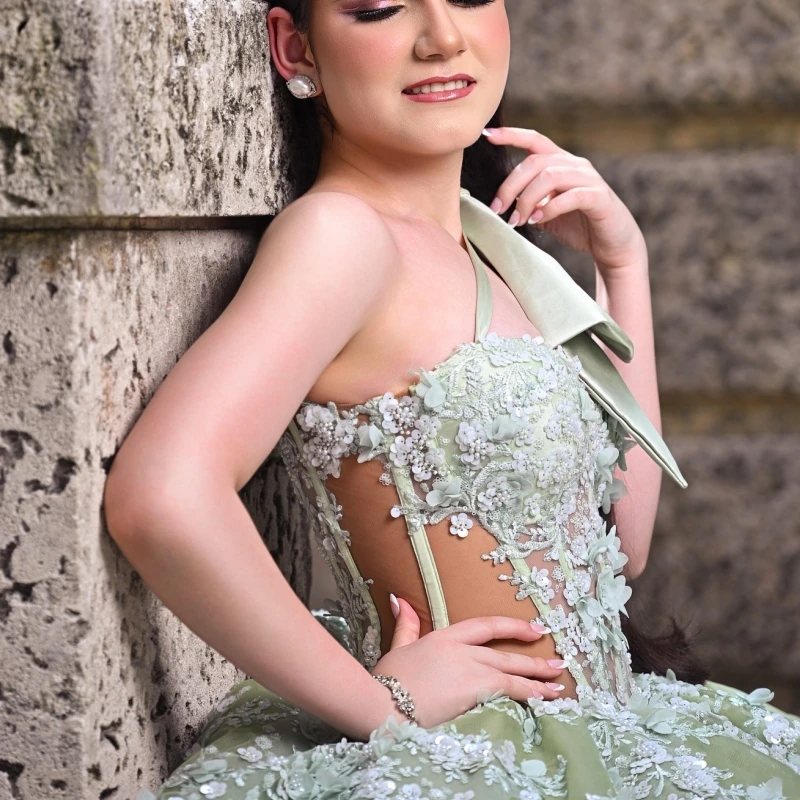 فساتين Quinceanera خضراء لامعة قبالة الكتف زين زهرة الديكور كريستال تول مشد حفلة عيد ميلاد الحلو 16 فستان #3