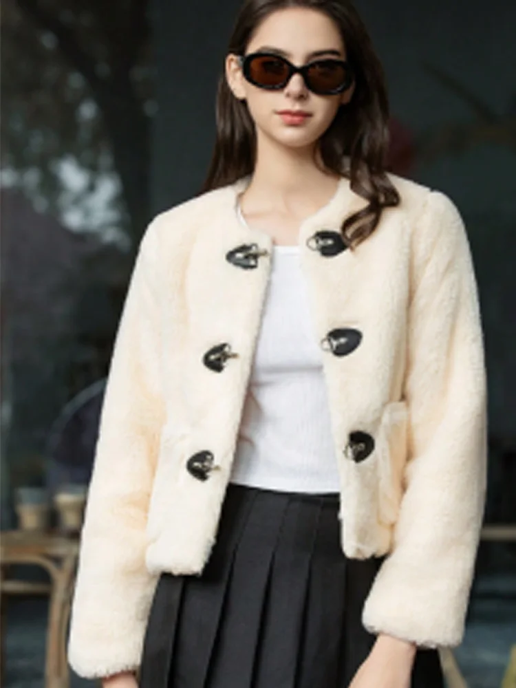 2025年 女性用 ベージュ カジュアル ルーズコート ファッション レディース 冬 フェイクファー 厚手 暖かい ラムウール オックスホーンバックル ジャケット コート ストリート アウター