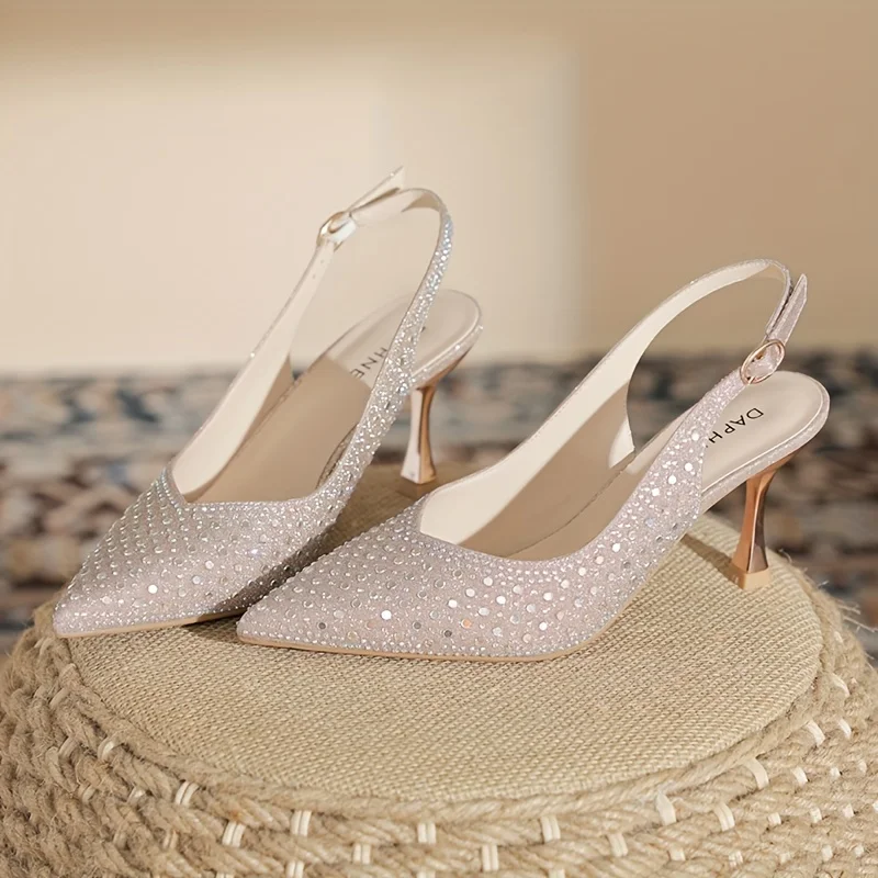 Rhinestone Decor Stiletto Heels, Elegant Point Toe Dress Pumps, Fashion Buckle Strap Slingback Heels