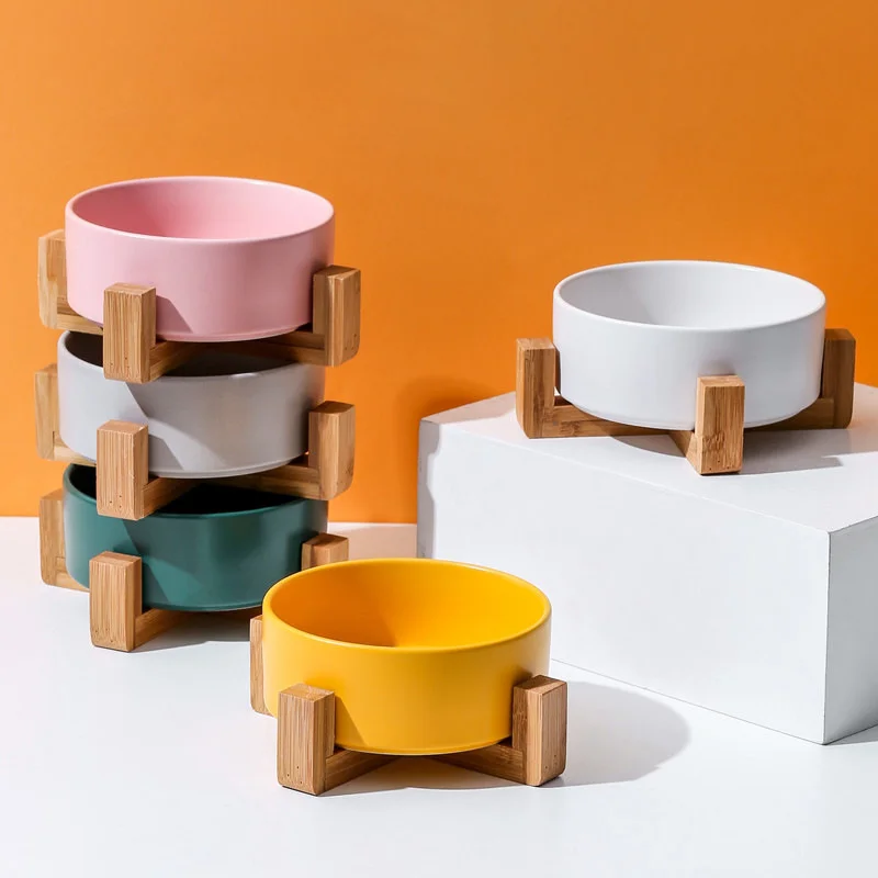 Dog Bowl Cat Food Water Bowls with Wood Stand No Spill Large Feeder Dish for Dogs Cats Feeding Puppy Pet Supplies