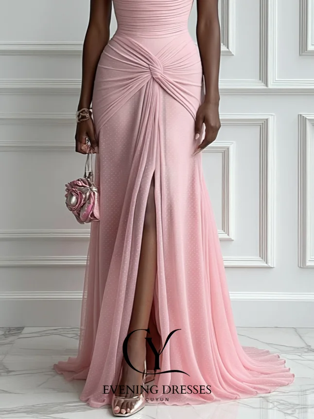 CUYUN Rosa drapiertes formelles Kleid mit Schlitz, Wasserfallausschnitt, ärmellos, A-Linie, Abendkleid, maßgeschneidert, elegante Damen-Partykleider 2025