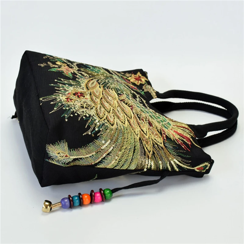 Women Shoulder Bag Handmade Embroidery Peacock Bohemia Ethnic Style Retro Handbag Large Capacity Tote Messenger Bag For Girl image 3