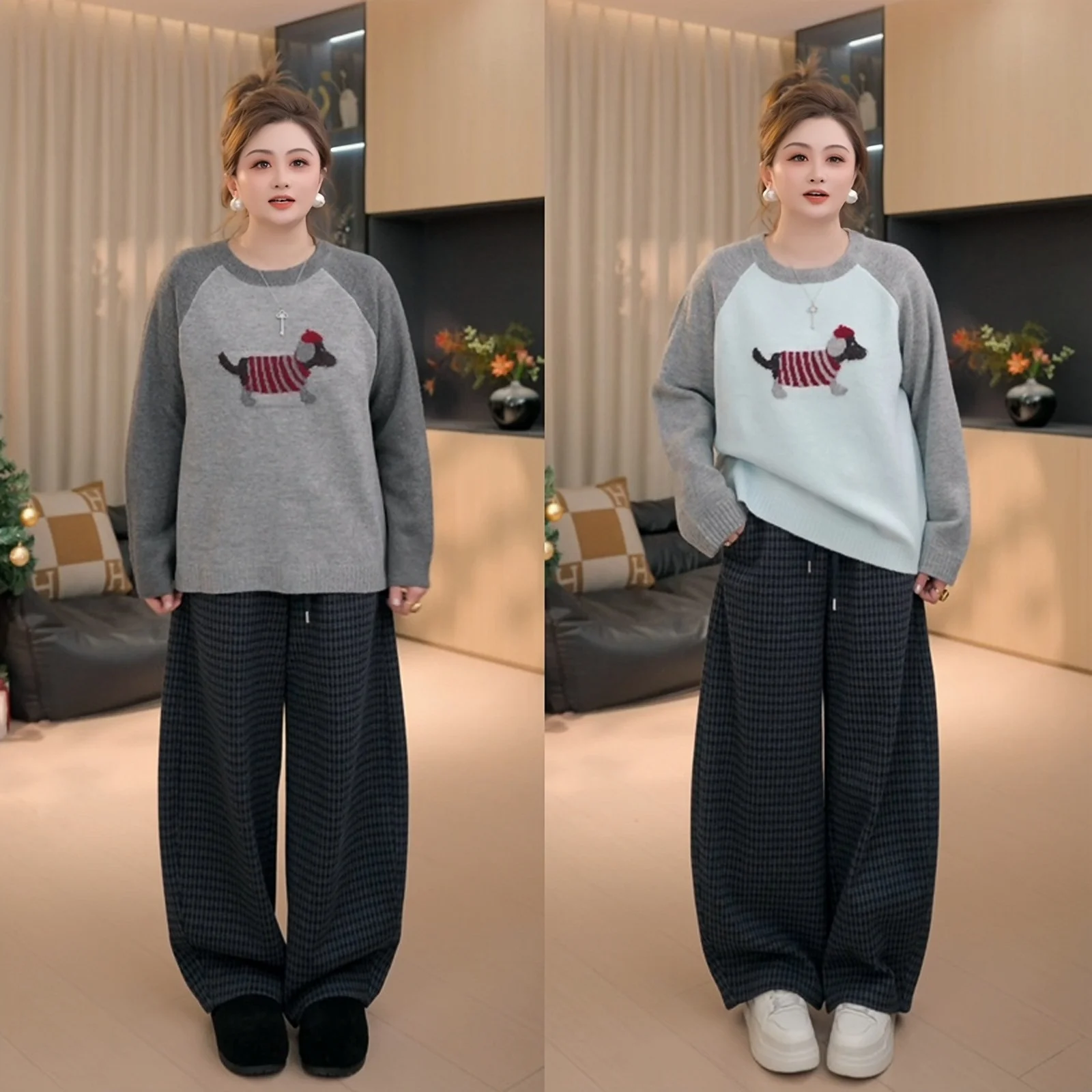 

Pajiajia plus Size Women's round Ne Knitwear Winter Anti-Aging Casual Sle Fce-Lined Long Sve ort Length Sweater