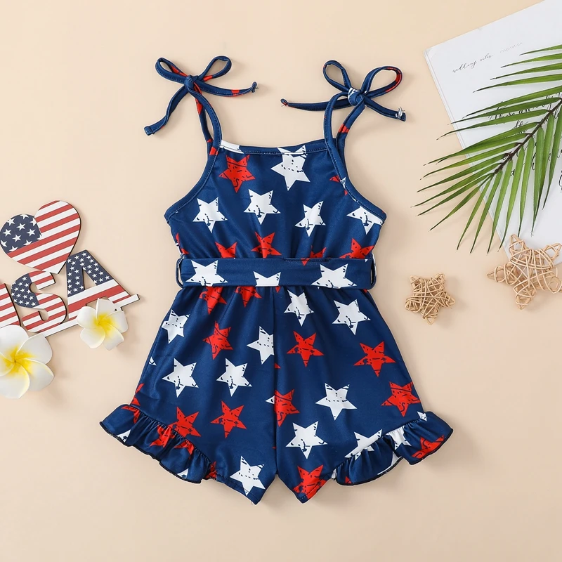 

Girls 4th Of July Outfit Toddler Jumpsuit Shorts Star Print Sleeveless Rompers Playsuit Belt Summer Cothes