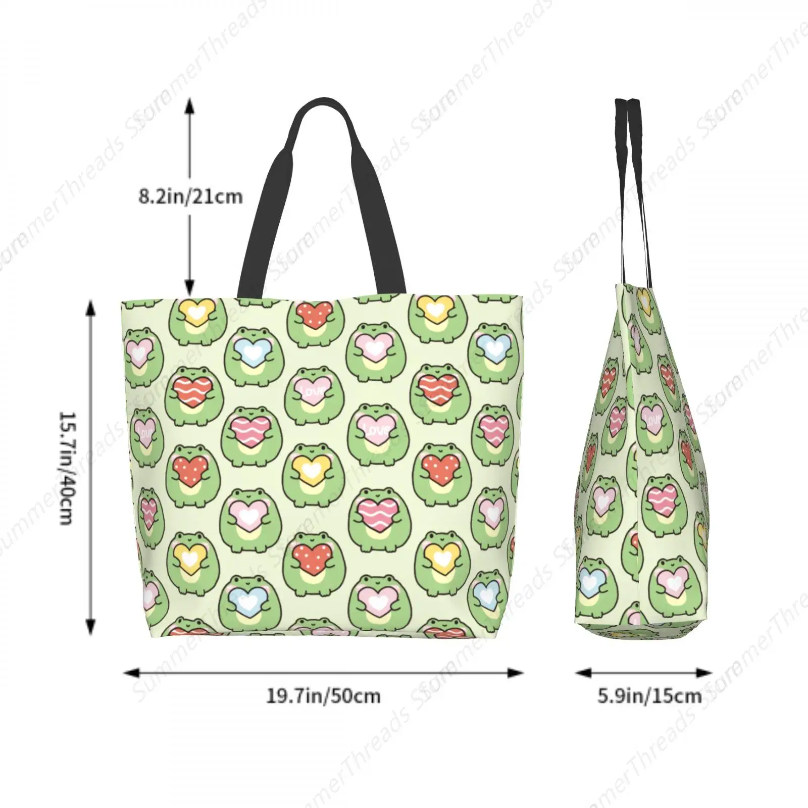 Urocza torba na zakupy z żabą i serduszkami dla kobiet, duża torba z nadrukiem, przenośna torba plażowa, torby na zakupy wielokrotnego użytku, wodoodporna.