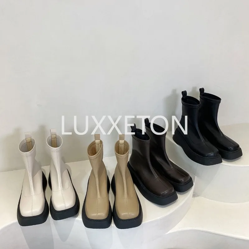 Round Toe Women Ankle Boots Fashion Autumn Spring Stretch Shoes Platform Shoes Mid Heels Black Khaki White Ladies Sock Boots