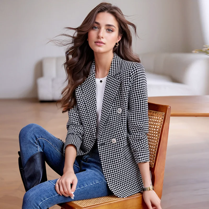 ZJYT Fashion Plaid Outerwears Autumn New In Coats Blazers Casaco Feminino Women\'s Jacket Woman Clothes 2024 Casual Veste Femme