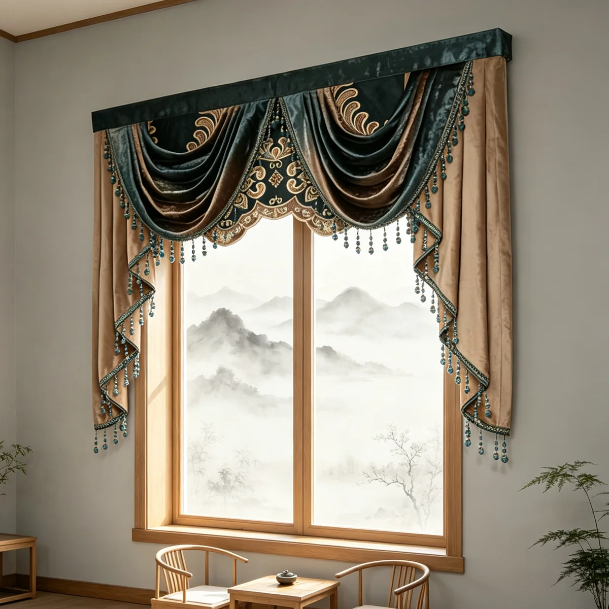 Vintage Velvet Embroidery Swag Curtain Valance, Beaded Tassel Decor Window Curtain Head for Household Windows