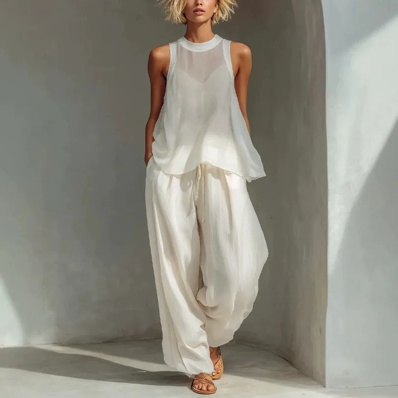 

Solid Color O Neck Women Chiffon perspective Outfit Half Sleeve Button Down Shirt+Wide Leg Pants Casual Loose Matching Set Y2K