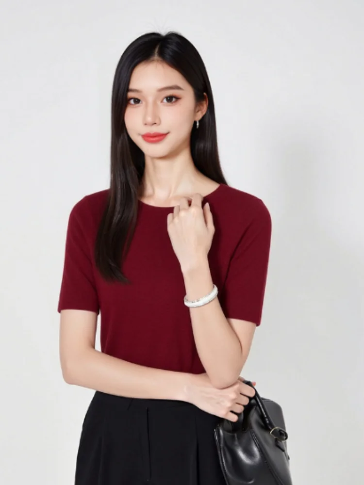 Birdtree, 100% Sheep Wool Blouse, O-neck Short Sleeve Knitted Top, Women Elegant Soft Solid Sweater, 2026 Autumn New T67608JF