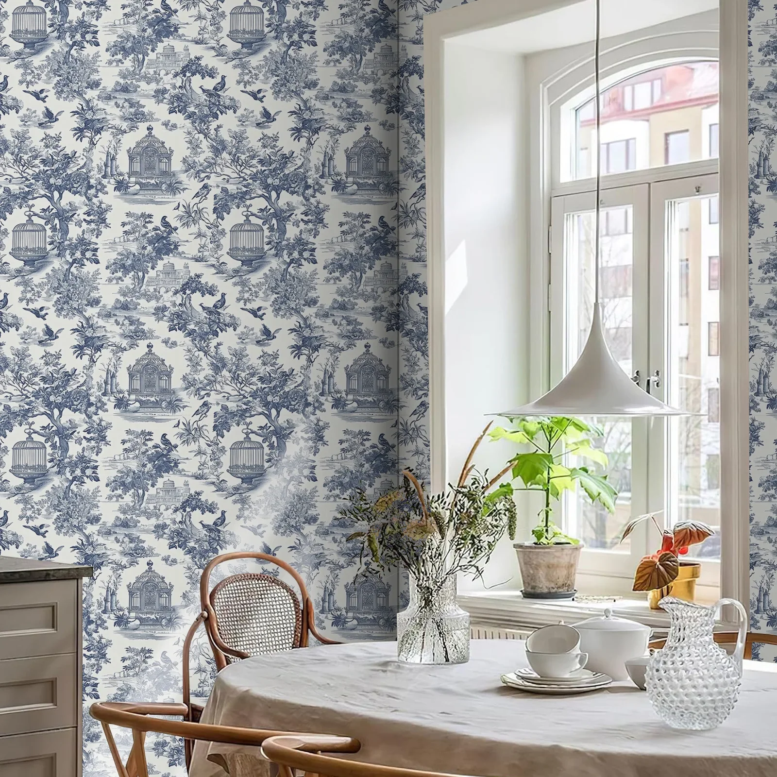 French retro wallpaper self-adhesive furniture cabinet renovation sticker bedroom blue and white countryside style wallpaper