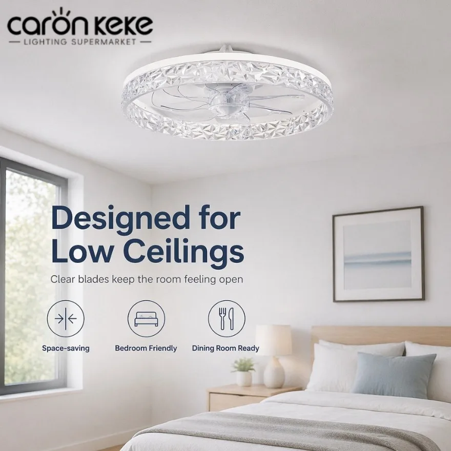 Low Noise DC Ceiling Fan Light Imitate Crystal Shade Remote Control APP Dimmable 6 Speed Timing Bedroom Living Room LED Fan Lamp