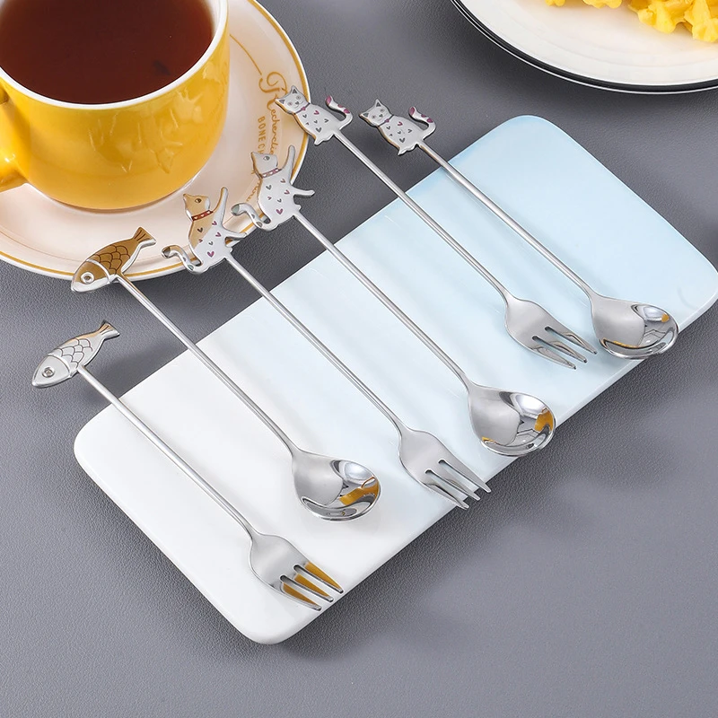 Cute Paintings Cat 304 Stainless Steel Spoon Hollow For Coffee Tea Dessert Spoon Kitchen Tableware Gifts For Students Children