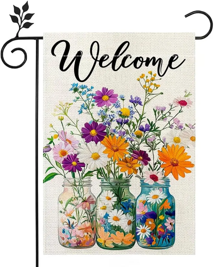 Spring Summer Daisy Floral Mason Jar Garden Flag 12x18 Inch Double Sided, Colorful Welcome Yard Decor, Farmhouse Outdoor Fla jjp