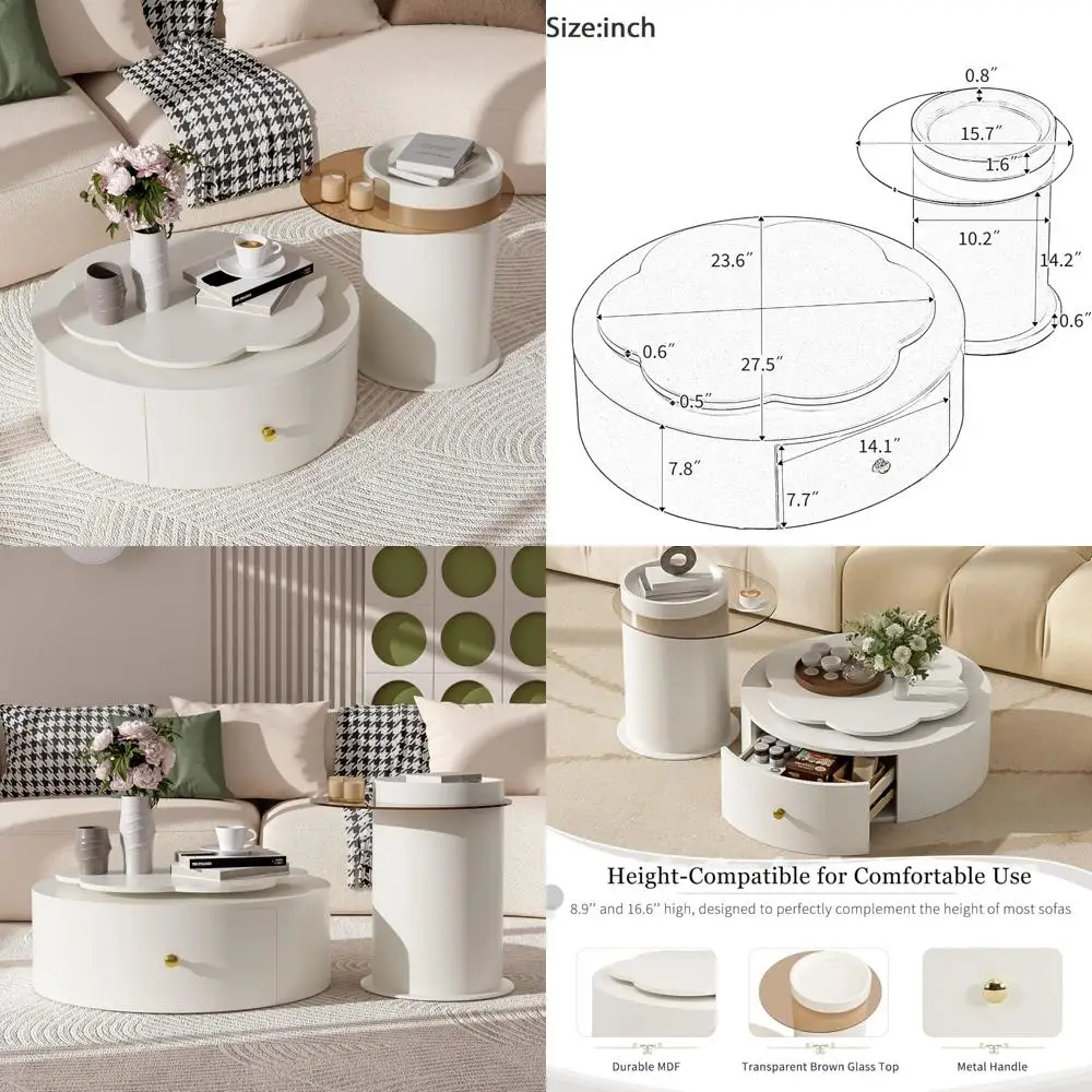 Modern Round Coffee Tables Set with Glass Top, 2 Drawers, 360-Degree Rotatable Living Room Center Tables