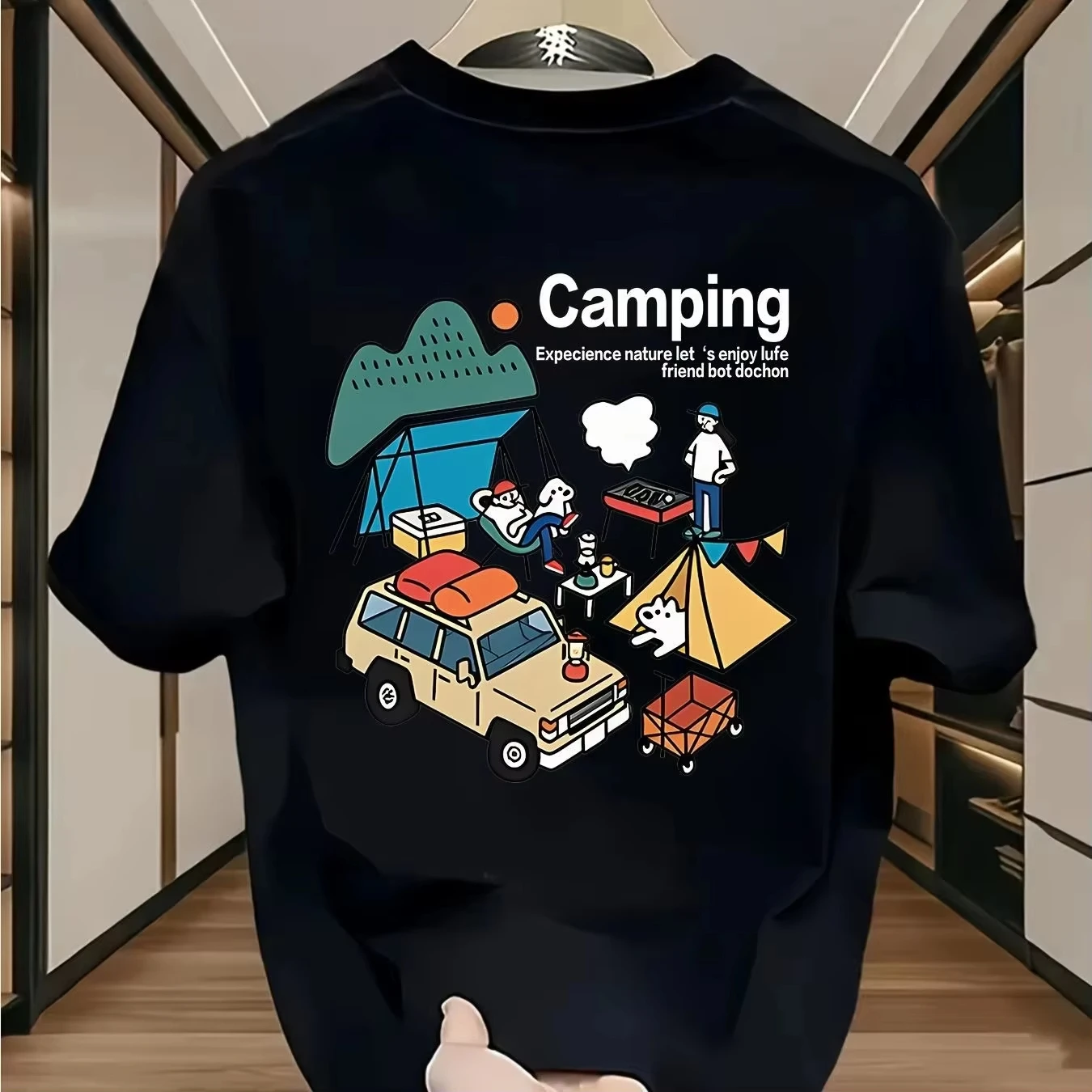 2026 Cute Camping Adventure Graphic Tee with Cartoon SUV and Tent Print Men's T-shirt Summer Outdoor-Inspired Casual Top