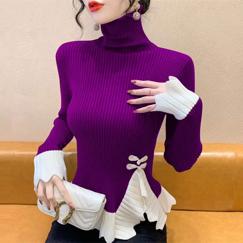 Autumn Winter New Slim Patchwork Slit Hem Pullovers Top Contrast Pleated Elegant Sweaters Fashion Temperament Women Clothing