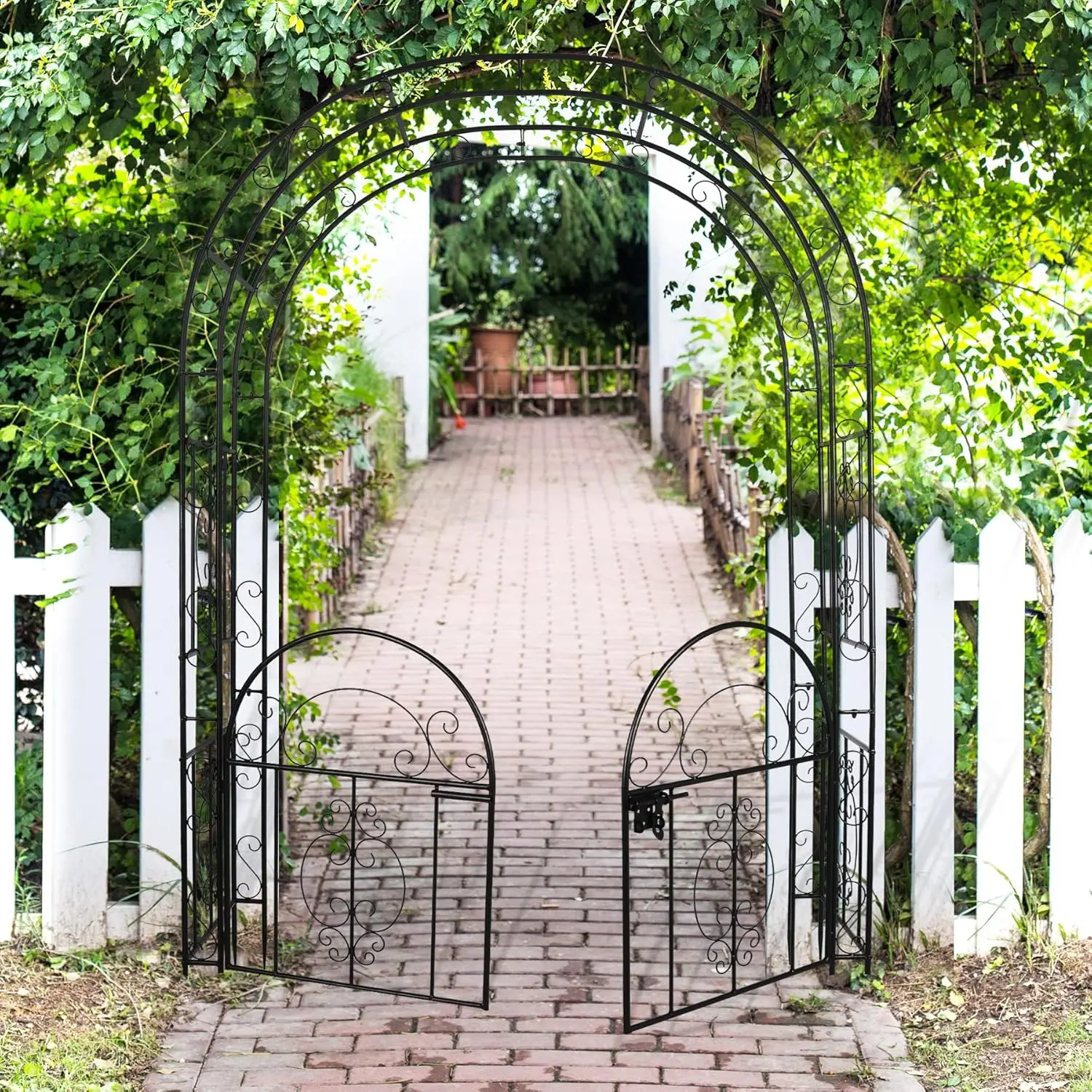 84in High Metal Garden Arbor with Gate, Heavy Duty Wide Garden Arch, Metal Arch Trellis with Gate, Black(84