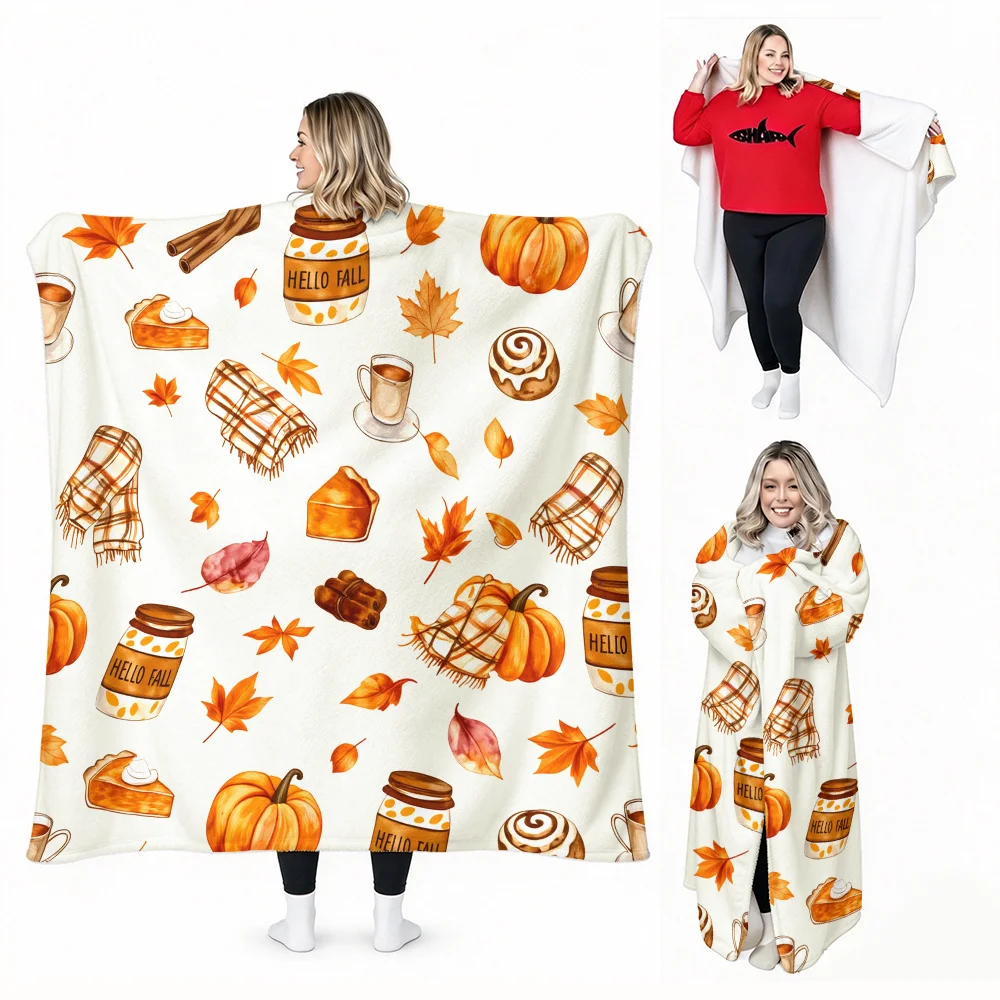 1PC Fall Pumpkin, Maple Leaf Print Wearable Blanket-Soft and comfortable, unisex, great for fall decor, Thanksgiving gifts, casu