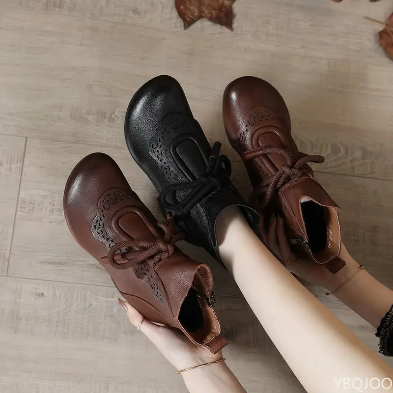 Autumn Winter Fashion with Fleece Warm Women's Boots Mid Heel Anti Slip Soft Sole Ethnic Style Retro Short Boots Women's Shoes