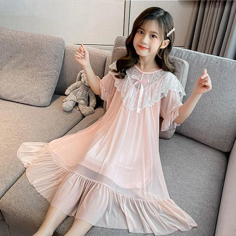 Summer Modal Fabric Round Neck Children\'s Nightdress Princess Style Girls Nightdress Ruffled Edge Bowknot Decoration Nightdress