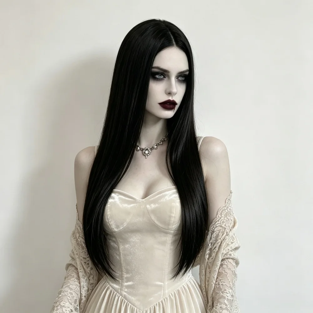 Black parting long straight synthetic wig - Halloween dark vampire noble cosplay headpiece - High temperature silk wig cover